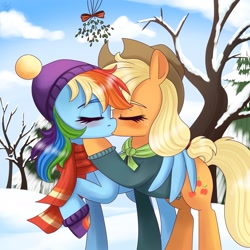 Size: 2048x2048 | Tagged: safe, artist:galaxy swirl, imported from derpibooru, applejack, rainbow dash, earth pony, pegasus, pony, appledash, applejack's hat, blushing, clothes, cowboy hat, duo, duo female, eyes closed, female, freckles, hat, hug, kiss on the lips, kissing, lesbian, mare, mistletoe, outdoors, raised hoof, scarf, shipping, snow, tree, winghug, wings, winter