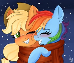 Size: 2000x1702 | Tagged: safe, artist:galaxy swirl, imported from derpibooru, applejack, rainbow dash, earth pony, pegasus, pony, appledash, applejack's hat, blushing, cheek squish, clothes, cowboy hat, duo, duo female, ear fluff, eye clipping through hair, eyes closed, female, freckles, grin, hat, lesbian, mare, nose wrinkle, one eye closed, scarf, shared clothing, shared scarf, shipping, smiling, snow, snowfall, squishy cheeks, winter