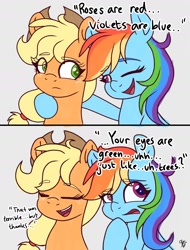 Size: 1536x2016 | Tagged: safe, artist:galaxy swirl, imported from derpibooru, applejack, rainbow dash, earth pony, pegasus, pony, 2 panel comic, appledash, applejack's hat, comic, cowboy hat, dialogue, duo, duo female, eyes closed, eyes open, female, freckles, hat, lesbian, looking at each other, looking at someone, mare, one eye closed, open mouth, open smile, shipping, smiling, talking, wink