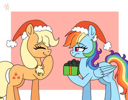 Size: 1600x1246 | Tagged: safe, artist:galaxy swirl, imported from derpibooru, applejack, rainbow dash, earth pony, pegasus, pony, appledash, christmas, coal, duo, duo female, female, folded wings, freckles, hat, holiday, hoof over mouth, laughing, lesbian, mare, present, profile, raised hoof, santa hat, shipping, side view, wings