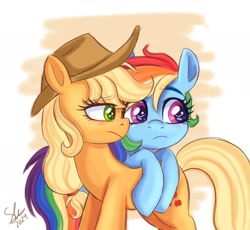 Size: 2000x1836 | Tagged: safe, artist:galaxy swirl, imported from derpibooru, applejack, rainbow dash, earth pony, pegasus, pony, appledash, applejack's hat, cowboy hat, duo, duo female, female, freckles, hat, lesbian, mare, scene interpretation, shipping