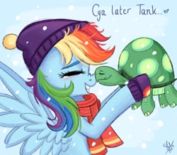 Size: 1916x1672 | Tagged: safe, artist:galaxy swirl, imported from derpibooru, rainbow dash, tank, pegasus, pony, turtle, tanks for the memories, blushing, boop, clothes, duo, eyes closed, female, hat, mare, my little pony, nose wrinkle, noseboop, profile, scarf, side view, smiling, snow, snowfall, spread wings, wings, winter