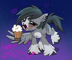 Size: 1723x1430 | Tagged: safe, artist:doodlesinky, imported from derpibooru, oc, oc only, oc:inky doodles, pegasus, pony, 2025, alcohol, blaze (coat marking), blushing, chest fluff, chest marking, cider, coat markings, complex background, dizzy, drink, drunk, ear piercing, facial markings, freckles, happy, happy new year, heterochromia, holiday, lip piercing, looking at you, new year, nonbinary, nose piercing, pegasus oc, piercing, stars, text, unshorn fetlocks, wing hands, wings