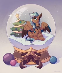 Size: 1700x2000 | Tagged: safe, artist:skysorbett, imported from derpibooru, oc, oc only, oc:pandora, pegasus, pony, christmas, christmas tree, female, holiday, mare, pegasus oc, sitting, snow, snow globe, snowflake, solo, tree, wings, winter