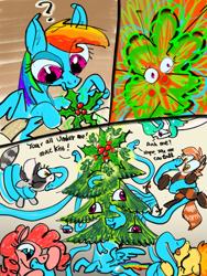 Size: 3000x4000 | Tagged: safe, artist:ja0822ck, imported from derpibooru, pinkie pie, princess celestia, rainbow dash, spitfire, oc, oc:bandy cyoot, oc:pandy cyoot, christmas, christmas tree, holiday, holly, holly mistaken for mistletoe, kissing, touhou, tree