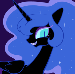 Size: 2048x2040 | Tagged: safe, artist:risswm, imported from derpibooru, nightmare moon, alicorn, pony, female, grin, high res, mare, missing accessory, nose wrinkle, sharp teeth, smiling, solo, teeth