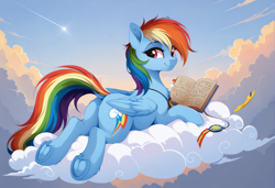 Size: 2104x1440 | Tagged: safe, imported from twibooru, rainbow dash, pegasus, pony, ai content, ai generated, book, butt, cloud, female, hooves, image, looking at you, lying down, plot, png, prompter:siber, smiling, smiling at you, solo, solo female, wings