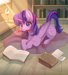 Size: 2222x2444 | Tagged: safe, artist:jackymondhase, imported from derpibooru, twilight sparkle, alicorn, pony, book, crepuscular rays, female, futon, high res, library, lying down, mare, mouth hold, pencil, prone, solo, twilight sparkle (alicorn)