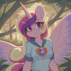 Size: 1024x1024 | Tagged: safe, imported from twibooru, princess cadance, alicorn, anthro, ai content, ai generated, blushing, clothes, eye clipping through hair, eyebrows visible through hair, female, forest, heart, horn, image, looking at you, png, prompter:teaspoon, shirt, smiling, solo, spread wings, tree, wings