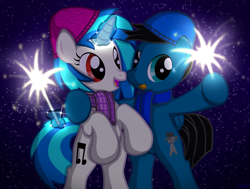 Size: 5618x4252 | Tagged: safe, alternate version, artist:agkandphotomaker2000, imported from derpibooru, dj pon-3, vinyl scratch, oc, oc:pony video maker, pegasus, pony, unicorn, bipedal, canon x oc, clothes, female, folded wings, happy new year, hat, holiday, horn, levitation, magic, magic aura, male, night, red eyes, scarf, shipping, show accurate, sparkler (firework), straight, telekinesis, tongue out, videoscratch, wings, winter hat