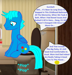 Size: 1720x1800 | Tagged: safe, artist:memeartboi, imported from derpibooru, pegasus, pony, bathroom, but why, daydream, emoji, gentle, gumball watterson, handsome, imminent flush, implied pooping, indoors, male, neat, older, onomatopoeia, pegasus wings, plop, ponified, reflection, sitting, sitting on toilet, smiling, solo, sound effects, speech bubble, stallion, text, the amazing world of gumball, toilet, toilet humor, wings