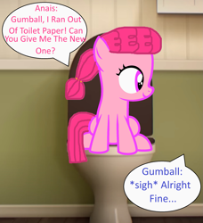 Size: 1763x1937 | Tagged: safe, artist:memeartboi, imported from derpibooru, earth pony, pony, anais watterson, bathroom, but why, eyes open, female, filly, foal, indoors, looking at something, ponified, sitting, sitting on toilet, solo, solo female, speech bubble, text, the amazing world of gumball, toilet, toilet humor