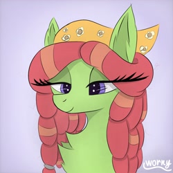 Size: 2048x2048 | Tagged: safe, artist:worny, imported from derpibooru, tree hugger, earth pony, pony, abstract background, bandana, bedroom eyes, bust, chest fluff, dreadlocks, dreads, ear fluff, eye clipping through hair, eyelashes, female, friendly, hippie, multicolored mane, portrait, purple background, purple eyes, relaxing, shadow, signature, simple background, smiling, solo, solo female