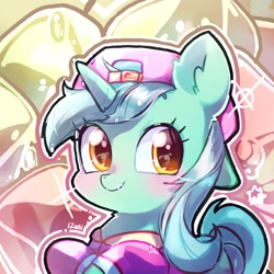 Size: 2048x2048 | Tagged: safe, artist:izuchi, imported from derpibooru, lyra heartstrings, pony, unicorn, backwards ballcap, baseball cap, cap, clothes, hat, horn, reverse cap, solo