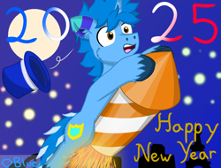 Size: 2240x1700 | Tagged: safe, artist:💎blue, imported from derpibooru, oc, oc only, oc:blueshield, pony, unicorn, 2025, clinging, festive, fireworks, france, full moon, happy new year, hat, holiday, horn, male, moon, night, riding, rocket, stallion, top hat, wide eyes