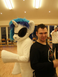 Size: 2736x3648 | Tagged: safe, artist:atalonthedeer, imported from derpibooru, dj pon-3, vinyl scratch, human, 2013, duo focus, fursuit, indoors, irl, irl human, photo, ponysuit, wwu