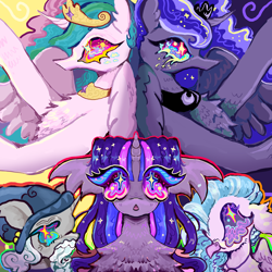 Size: 2000x2000 | Tagged: safe, artist:larvaecandy, imported from derpibooru, princess celestia, princess luna, silverstream, star swirl the bearded, twilight sparkle, alicorn, hippogriff, pony, unicorn, album cover, chest fluff, female, group, high res, horn, mare, psychedelic, royal sisters, siblings, sisters, wingding eyes