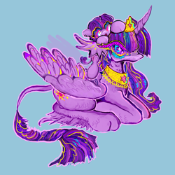 Size: 2000x2000 | Tagged: safe, artist:larvaecandy, imported from derpibooru, twilight sparkle, alicorn, classical unicorn, pony, unicorn, blue background, cloven hooves, female, filly, filly twilight sparkle, horn, jewelry, leonine tail, lying down, ponyloaf, prone, regalia, self paradox, self ponidox, simple background, sitting on head, solo, time paradox, twilight sparkle (alicorn), unshorn fetlocks, wingding eyes, younger