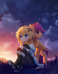 Size: 1900x2452 | Tagged: safe, artist:emeraldgalaxy, imported from derpibooru, scootaloo, oc, oc:fears, human, pegasus, pony, clothes, cloud, commission, crossover, duo, duo female, female, folded wings, human female, open mouth, outdoors, sitting, sky, smiling, starry night, stars, wings