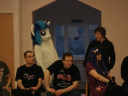 Size: 3648x2736 | Tagged: safe, artist:atalonthedeer, imported from derpibooru, dj pon-3, vinyl scratch, human, 2013, fursuit, group, indoors, irl, irl human, photo, ponysuit, quintet, sitting, wwu