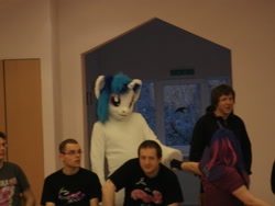 Size: 3648x2736 | Tagged: safe, artist:atalonthedeer, imported from derpibooru, dj pon-3, vinyl scratch, human, 2013, fursuit, group, hoofbump, indoors, irl, irl human, photo, ponysuit, quintet, sitting, wwu