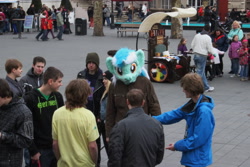 Size: 2352x1568 | Tagged: safe, artist:atalonthedeer, imported from derpibooru, lyra heartstrings, human, 2013, fursuit head, irl, irl human, multiple characters, outdoors, photo, ponysuit