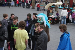 Size: 2352x1568 | Tagged: safe, artist:atalonthedeer, imported from derpibooru, lyra heartstrings, human, 2013, fursuit head, irl, irl human, multiple characters, outdoors, photo, ponysuit