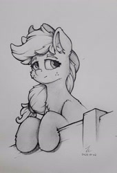 Size: 1816x2671 | Tagged: safe, artist:zeepheru, imported from derpibooru, applejack, earth pony, pony, female, fence, solo, traditional art