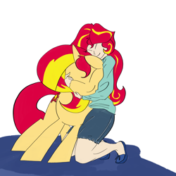 Size: 3353x3353 | Tagged: safe, artist:ponny, imported from derpibooru, sunset shimmer, human, pony, unicorn, equestria girls, clothes, colored, eyes closed, horn, hug, human and pony, shorts, sweater