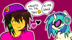 Size: 2612x1456 | Tagged: safe, artist:poniesinmyhead, imported from derpibooru, dj pon-3, vinyl scratch, human, pony, unicorn, clothes, coontails, crossover, hat, heart, horn, outline, regretevator, roblox, shirt, smiling, white outline