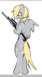 Size: 487x892 | Tagged: safe, artist:poniesinmyhead, imported from derpibooru, derpy hooves, pegasus, semi-anthro, gun, holding, simple background, sketch, solo, weapon, white background