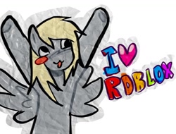 Size: 1318x1004 | Tagged: safe, artist:poniesinmyhead, imported from derpibooru, derpy hooves, pegasus, pony, blush sticker, blushing, heart, paper texture, raised hoof, roblox, smiling, solo