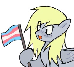 Size: 875x791 | Tagged: safe, artist:poniesinmyhead, imported from derpibooru, derpy hooves, pegasus, pony, flag, folded wings, holding, pride, pride flag, simple background, solo, transgender pride flag, white background, wings