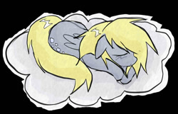 Size: 875x563 | Tagged: safe, artist:poniesinmyhead, imported from derpibooru, derpy hooves, pegasus, pony, black background, cloud, on a cloud, simple background, sleeping, sleeping on a cloud, solo