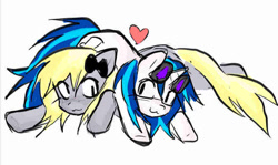 Size: 875x522 | Tagged: safe, artist:poniesinmyhead, imported from derpibooru, derpy hooves, dj pon-3, vinyl scratch, pegasus, pony, unicorn, derpyscratch, duo, duo female, female, heart, horn, lesbian, shipping, simple background, smiling, white background