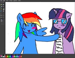 Size: 875x681 | Tagged: safe, artist:poniesinmyhead, imported from derpibooru, twilight sparkle, pegasus, pony, unicorn, art program in frame, blush sticker, blushing, duo, duo female, eyes closed, female, glasses, horn, ms paint, smiling, unicorn twilight