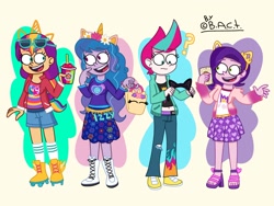 Size: 2080x1560 | Tagged: safe, artist:garybaldor, imported from derpibooru, izzy moonbow, pipp petals, sunny starscout, zipp storm, human, equestria girls, bag, cellphone, clothes, cutie mark, cutie mark on clothes, denim, denim shorts, diadem, drink, equestria girls-ified, eyebrows, eyebrows visible through hair, female, g5, g5 to equestria girls, g5 to g4, generation leap, group, high heels, jacket, jeans, jewelry, long sleeves, midriff, pants, phone, pipp's phone, question mark, regalia, ripped jeans, ripped pants, roller skates, shirt, shoes, shorts, signature, skates, skirt, smartphone, smoothie, sneakers, socks, sunglasses, sunglasses on head, torn clothes