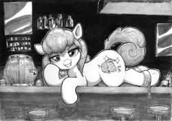 Size: 4639x3264 | Tagged: safe, artist:whiskeypanda, imported from derpibooru, oc, oc:hopple scotch, earth pony, pony, bar, bar stool, barrel, bottle, commission, earth pony oc, evil grin, glass, grin, head on hoof, ink drawing, keg, looking at you, lying down, mirror, prone, shackles, smiling, tankard, traditional art