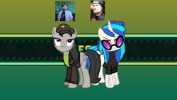 Size: 1200x675 | Tagged: safe, artist:epicheavytf2, artist:pyrogaming, edit, imported from derpibooru, vector edit, dj pon-3, octavia melody, vinny, vinyl scratch, earth pony, human, pony, unicorn, ? block, alternate hairstyle, beard, clothes, duo, facial hair, female, green shirt, hairy, hairy legs, hat, horn, irl, irl human, jacket, joel, looking at you, mare, moustache, photo, ponified, reference, shirt, smiling, super mario, super mario bros., text, vargskelethor, vector, vinesauce, vinesauce vinny, vinyl's glasses