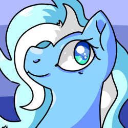 Size: 1280x1280 | Tagged: safe, artist:galactichooves, imported from derpibooru, oc, oc only, oc:moraine terminus, earth pony, pony, blue background, blue eyes, blue hair, blue pony, cute, eyelashes, female, head, icon, nostrils, request, requested art, simple background, smiling, solo, striped background