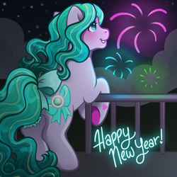 Size: 2400x2400 | Tagged: safe, artist:sparkytopia, imported from derpibooru, december delight, earth pony, pony, 3d cutie mark, blue hair, bow, facing away, female, fireworks, g3, happy new year 2024, hoof heart, jewel birthday ponies, mare, night, open mouth, open smile, outdoors, purple coat, sky, smiling, solo, tail, tail bow, text, tinsel, underhoof