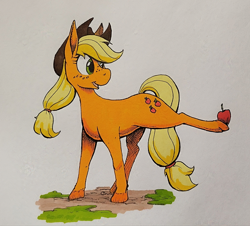 Size: 1280x1156 | Tagged: safe, artist:darkhestur, imported from derpibooru, applejack, pony, apple, food, hat, marker drawing, simple background, solo, traditional art