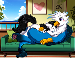 Size: 3424x2624 | Tagged: safe, artist:pridark, imported from derpibooru, oc, oc only, griffon, pony, cuddling, duo, griffon oc