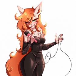 Size: 2000x2000 | Tagged: safe, artist:pixlbunni, imported from derpibooru, oc, oc only, oc:shimmering song, human, clothes, dress, female, humanized, looking at you, microphone, one eye closed, singer, solo, solo female, wink