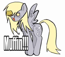 Size: 875x765 | Tagged: safe, artist:poniesinmyhead, imported from derpibooru, derpy hooves, pegasus, pony, food, full body, muffin, open mouth, simple background, solo, text, white background