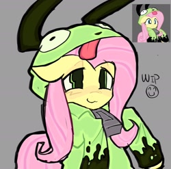 Size: 1609x1591 | Tagged: safe, artist:poniesinmyhead, imported from derpibooru, fluttershy, pegasus, pony, antonymph, bust, clothes, female, fluttgirshy, gir, gray background, hoodie, invader zim, mare, simple background, smiling, solo