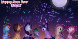 Size: 3972x2000 | Tagged: safe, artist:lovinglypromise, imported from derpibooru, applejack, fluttershy, pinkie pie, rainbow dash, rarity, spike, twilight sparkle, alicorn, dragon, earth pony, pegasus, pony, unicorn, alternate design, female, fireworks, full moon, horn, male, mane seven, mane six, mare, moon, new crown, twilight sparkle (alicorn)