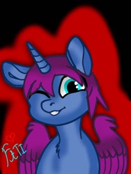 Size: 768x1024 | Tagged: safe, artist:jeffapegas, artist:l0nt4n1c4ever99, imported from derpibooru, alicorn, pony, base used, black background, grin, looking at you, looney tunes, male, merrie melodies, one eye closed, ponified, purple wings, road runner, rule 85, simple background, smiling, solo, stallion, wings, wink, winking at you