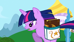 Size: 1920x1080 | Tagged: safe, imported from derpibooru, screencap, twilight sparkle, pony, unicorn, friendship is magic, bag, book, book of harmony, female, horn, mare, my little pony, saddle bag, unicorn twilight, unicorn twilightm