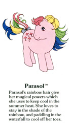 Size: 550x1000 | Tagged: safe, imported from derpibooru, parasol (g1), earth pony, pony, bow, closed mouth, cute, female, g1, g1 backstory, g1 paracute, mare, my little pony fact file, official, rainbow ponies, smiling, solo, tail, tail bow, text, trademark